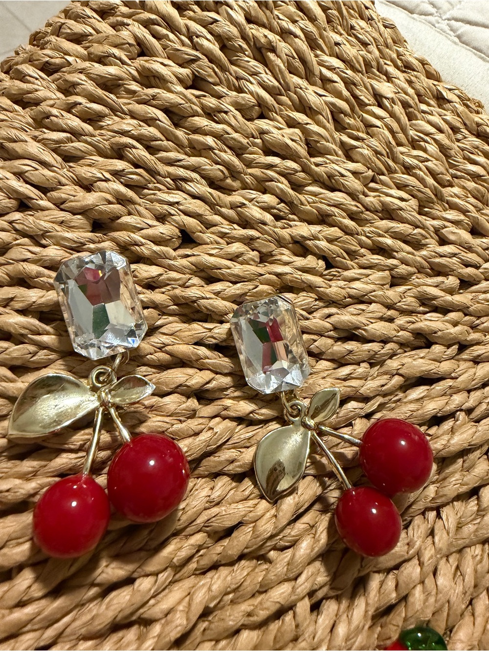 Gold-Tone Cherry Drop Earrings with Red Accent and Clear Crystal